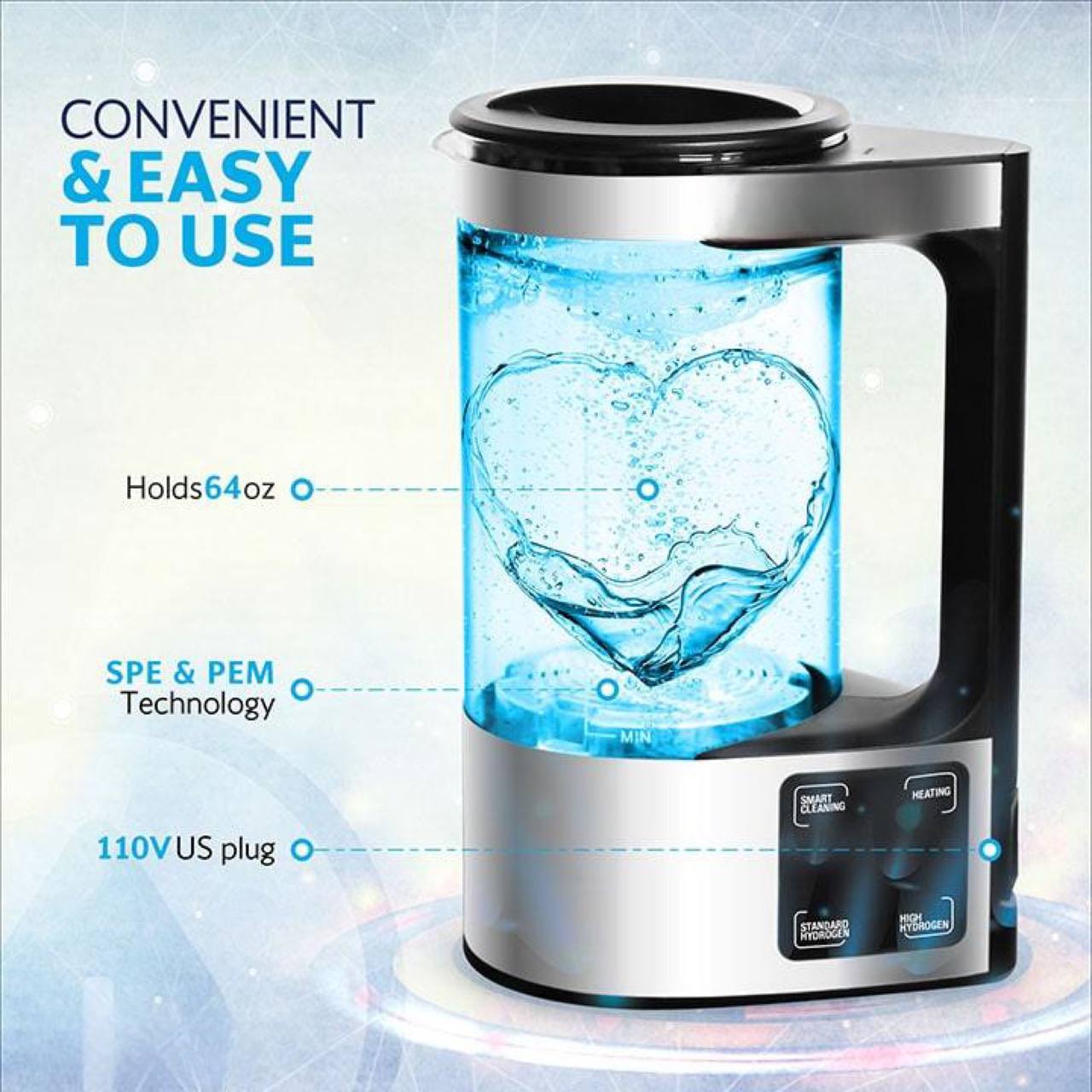 HydroVibex™ Hydrogen Water Pitcher 64oz (2L) Electric Ionizer 110V (240V) Water Filter Generator